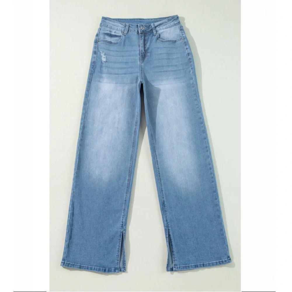 Light Blue High Rise Shift Slit Straight Leg Jeans - Picture 5 of 14